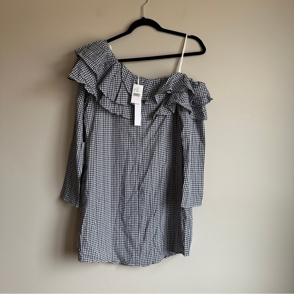 NWT Adelyn Rae Navy White Gingham One Shoulder Ruffled Mini Dress S